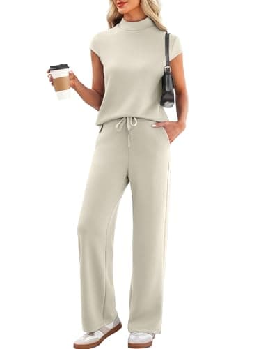 Casly Lamiit 2 Piece Sets for Women Summer 2026 Outfits Lounge Travel Vacation Clothes Cap Sleeve Tops Drawstring Wide Leg Pant Sets Dark Beige XL - Image 1