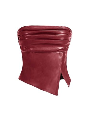 MakeMeChic Women's Leather Tops Strapless Concert Bandeau Crop Tube Tops Ruched Split Club Shirt Rose Red Medium - Image 1