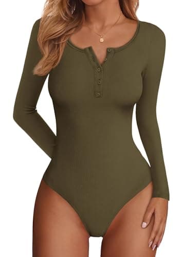 PRETTYGARDEN Long Sleeve Bodysuits for Women 2026 Ribbed Knit Henley Button Up Slim Fitted Basic Tops Winter Fashion Clothing (Army Green,Small) - Image 1