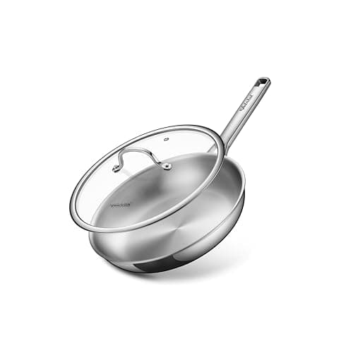 VEDNHOL Stainless Steel Pan with Lid,12 Inch Stainless Steel Frying Pan,Tri-Ply Stainless Steel Skillet,Steel Pan for Cooking,PFOA&PTFE Free,Dishwasher and Oven Safe,Induction&All Stove Compatible - Image 1