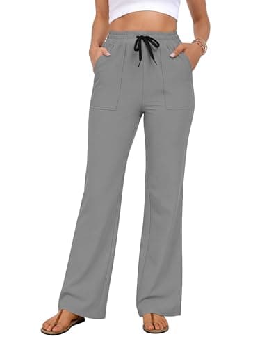 AGVNG Women's Pants Casual Wide Leg Pants High Waisted Elastic Waist Drawstring Lightweight Lounge Work Travel Comfy Trousers Pants with 2 Pockets Grey XL - Image 1