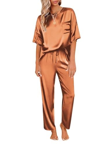 Ekouaer Womens Plus Size Silk Pajamas Set Print Satin PJs Set Two Piece Pj Sets Sleepwear Loungewear Short Sleeve Lounge Set Caramel - Image 1