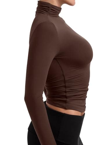 PINKMSTYLE Turtleneck Long Sleeve Open Back Tops Womens Ruched Double Lined Top Y2K Festival Outfits Brown Small - Thumbnail 2