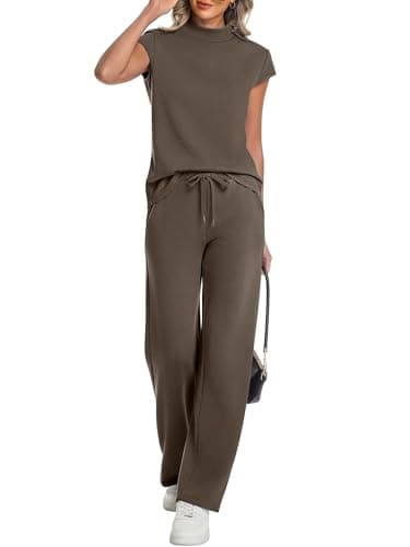 Casly Lamiit Womens Sets 2 Piece Outfits Summer Mock Neck Tops Casual Short Sleeve Travel Lounge Set Airport Beach Vacation Resort Wear Coffee M - Image 1