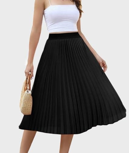 SLOWCOLIN Women's Midi Skirt Elastic High Waist Pleated Skirt Knee Length Swing A-Line Casual Flowy Skirts 2025 Black,M - Thumbnail 2