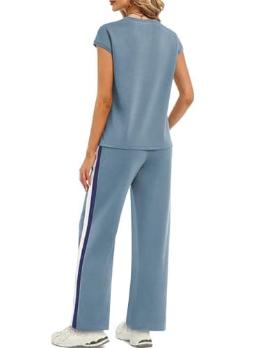 Casly Lamiit Lounge Sets for Women Summer Beach Casual Travel Outfits Short Sleeve Top Wide Leg Pants Set Resort Wear with Pockets 2026 Blue Grey XL - Thumbnail 4