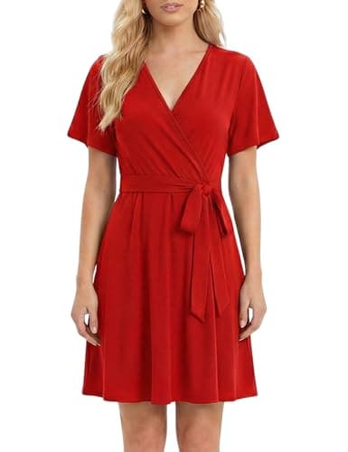 Aphratti Women's Spring Summer Faux Wrap Dress V Neck Short Sleeve High Waist Fit and Flare Casual Swing A Line Sundress Red Small - Image 1