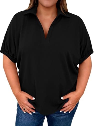 Beautife Plus Size Summer Tops for Women Casual Collared V Neck Polo Shirts Side Slit Short Sleeve Blouses Black - Image 1