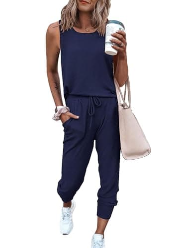 PRETTYGARDEN Women's Two Piece Outfit Sets Casual Summer Sleeveless Crewneck Tops and Sweatpants Active Tracksuit Lounge Wear (Navy,XX-Large) - Image 1