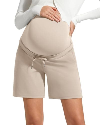 G4Free Maternity Shorts Drawstring Elastic Waist Over The Belly Athletic Pregnancy Workout Shorts with Pockets Casual(Light Khaki,S) - Image 1