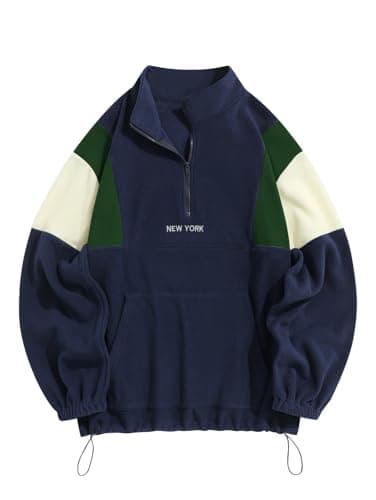 ZAFUL Men's Fluffy Polar Fleece Sweatshirt NEW YORK Embroidery Half Zip Unisex Hoodie Deep Blue XL - Image 1