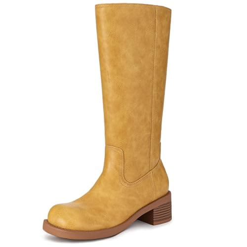 Athlefit Knee High Boots Women Square Toe Yellow Riding Boots Comfortable Slip On Chunky Block Heel Fall Booties Size 8.5 - Image 1