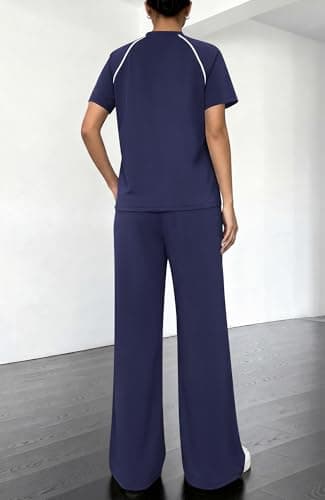 BTFBM Casual Two Piece Sets For Women Summer Outfits Solid Matching Sweatsuit Lounge Set Wide Leg Pants Workout(Navy Blue,Small) - Thumbnail 3