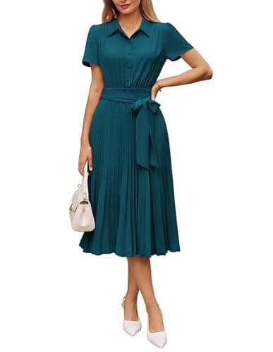 GRACE KARIN Women 2026 Summer Business Shirt Dress,Short Sleeve Collared Neck Button Midi Dresses,Pleated Casual Dresses Peacock Blue M - Image 1