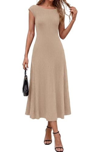 BTFBM Womens Spring Dresses 2026 Asymmetrical Neck Short Sleeve Pleated Swing Knit Midi Dress Business Casual(Khaki, Small) - Image 1