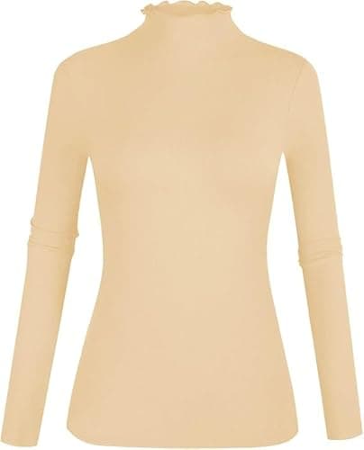 Women's Lettuce Trim Mock Neck Long Sleeve Slim Fit Ribbed Knit Tee Shirt Tops Apricot L - Image 1