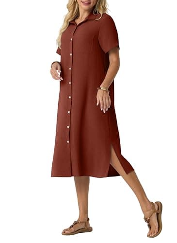 HiMONE Women’s Button Down Shirt Dress Casual Midi Dress Short Sleeve Collared Loose Fit Summer Vacation Dress with Pocket - Image 1