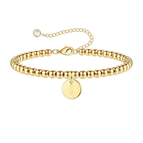 Turandoss Gold Bracelet – Personalized I Alphabet Charm Bead Jewelry, Dainty Disc Initial Design - Image 1