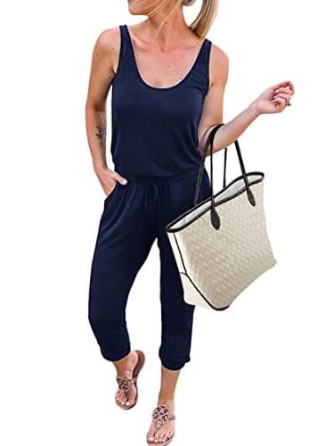 KIRUNDO Women 2026 Summer Jumpsuits Casual Sleeveless Drawstring Elastic Waist Romper Vacation Cruise Airport Travel Outfits(Navy, Small) - Image 1