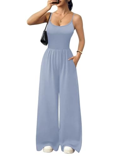 Ekouaer Jumpsuits for Women Sleeveless Spaghetti Strap Womens Jumpsuit One Piece Wide Leg Summer Romper With Pockets Beach Vacation Outfits 2026 Grayish Blue M - Image 1