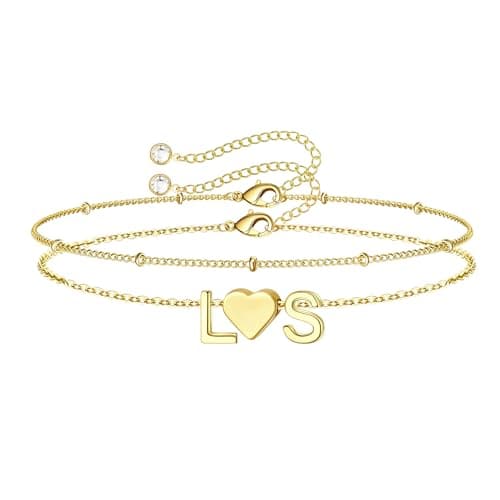 Turandoss 2 Initial Bracelets for Women Trendy – Personalized Heart Two Initial LS Charm, Dainty14K-Gold-Plated Layered Jewelry, Birthday Gifts for Women - Image 1