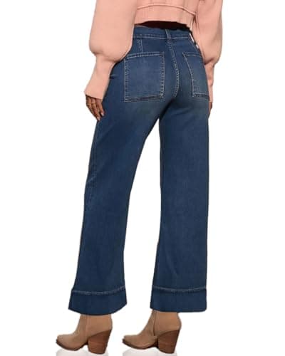 YABNILL Women's High Waisted Wide Leg Jeans Casual Stretchy Sweat Pant Denim Pants with Pockets Trendy 2025 Fall Dark Blue - Thumbnail 4
