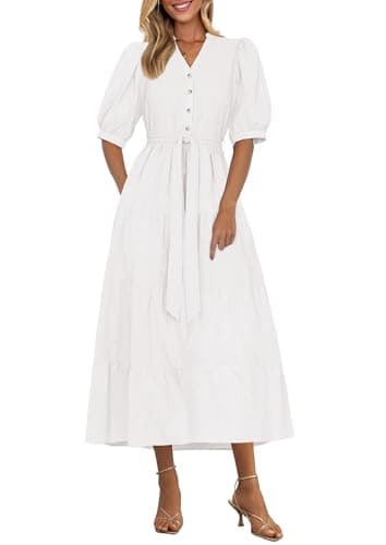 PRETTYGARDEN Summer Dresses for Women 2026 Elegant Classy Short Sleeve V Neck Ruffle A Line Belted Long Beach Vacation Dress (White,Medium) - Image 1