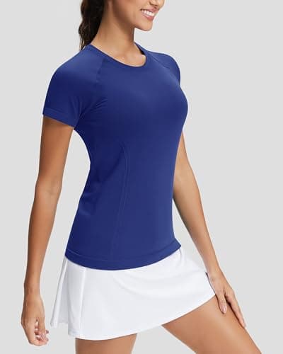 Stelle Women Seamless Workout Shirts Short Sleeve Athletic Top Yoga Gym Running T-Shirts(Navy,M) - Thumbnail 2