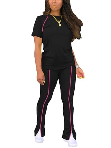 STOLKISS Casual Workout Two Piece Outfits for Women Summer Vacation Fitted Crew Neck T-shirt High Waist Pants Matching Sets Streetwear Black XL - Image 1