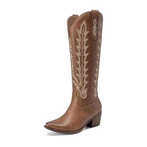 Athlefit Brown Cowboy Boots for Women Cowgirl Western Knee High Comfortable Pull On Block Heel Pointed Toe Dancing Fall Long Boots with Embroidery Brown Size 9.5 - Image 1