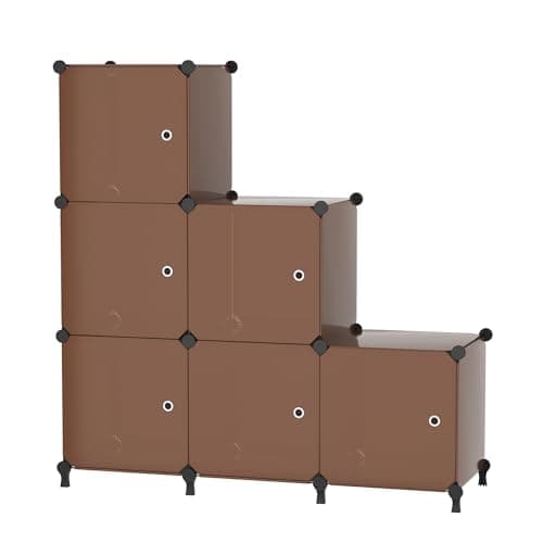 ATTDETJL Cube Storage Organizer, 6-Cube Shelves Unit with Doors, DIY Stackable Plastic Clothes Organizer for Bedroom and Under Stairs Storage Unit, Each Compartment 30 x 30 x 30 cm Brown ATTSL6007 - Image 1