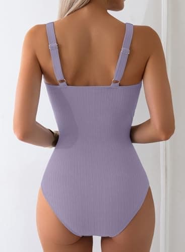 Aleumdr Womens Textured One Piece Bathing Suits Tummy Control Swimsuits Padded Push Up Bathing Suits Full Coverage Swimwear Lavender Purple Large - Thumbnail 3