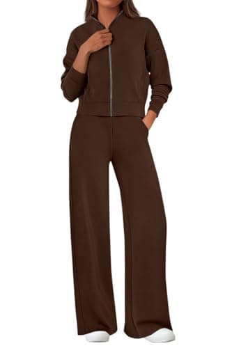 PRETTYGARDEN Womens 2 Piece Outfits Spring Sweatsuits Zip Up Sweatshirt Wide Leg Sweatpants Casual Tracksuit Lounge Sets(Brown,Large) - Image 1