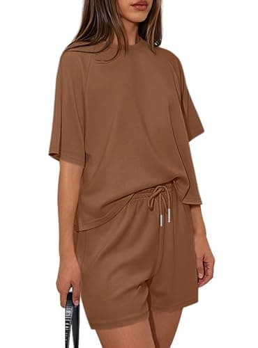 PRETTYGARDEN Women 2 Piece Lounge Sets Short Sleeve Shirts Workout Tops Shorts Matching Clothing 2026 Summer Vacation Outfits (Brown,Medium) - Image 1