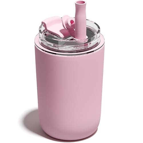 UIRZOTN 10 oz Insulated Coffee Tumblers, Travel Coffee Tumblers with Straw, Double-Wall Stainless Steel Tumbler, Leak Proof Tumbler, Reusable Cups with Lids for lced and Hot Drinks (Pink) - Image 1