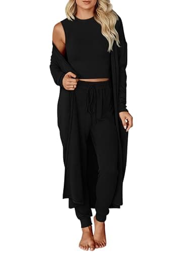 KIRUNDO 3 Piece Lounge Sets for Women Airport Travel Vacation Outfits Spring Cardigan Matching Sleeveless Top Jogger Pants(Black, Small) - Image 1