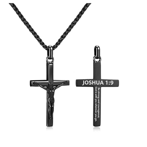 Easter Basket Stuffers-Crucifix Jesus Cross Necklace for Men Women, 20in Gold Black Silver Mens Cross Pendant Chain Simple Jewelry Gifts for Happy Easter, Confirmation, First Communion, Baptism - Image 1