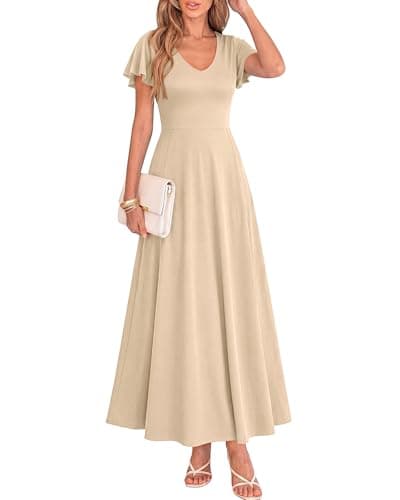 BTFBM Formal Dresses for Women Summer Outfits V Neck Ruffle Sleeve A Line Maxi Elegant Cocktail Wedding Guest Dress 2026(Apricot, XX-Large) - Image 1