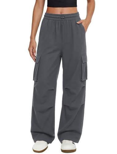 keriffe Womens Cargo Pants High Waisted Casual Baggy Parachute Wide Leg Hiking Pants with 4 Pockets Dark Grey - Image 1
