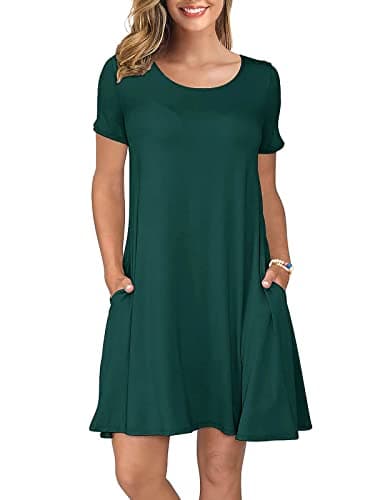 KORSIS Summer Dresses for Women Dark Green Small Casual T Shirt Dress Short Sleeve Swing Flowy Ladies Beach Vacation Sundress with Pockets - Image 1