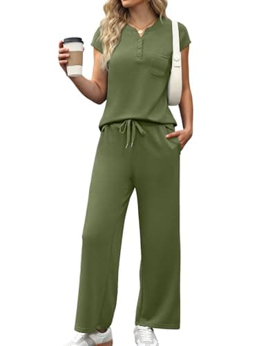 Casly Lamiit 2 Piece Sets for Women Summer Casual Lounge Set V Neck Tops Cropped Pants Airport Travel Outfits Beach Vacation Clothes Army Green S - Image 1