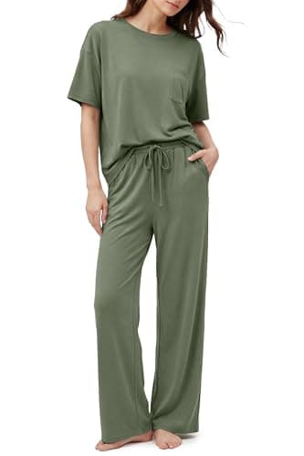 OUGES Women's Summer Pajamas 2 Piece Lounge Sets for Women Short Sleeve Wide Leg Pants Lyocell Cotton Blend Cool Feeling Maternity Postpartums Loungewear Pjs with Pockets(Green,XL) - Image 1