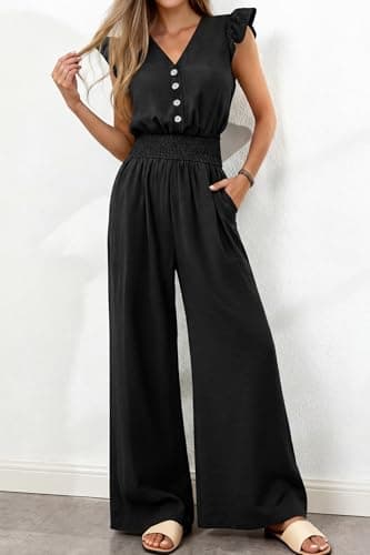 dowerme Women's Jumpsuits Dressy Casual 2026 Summer Ruffle Cap Sleeve V Neck Button Smocked Rompers Wide Leg Overalls(Black,XX-Large) - Thumbnail 3