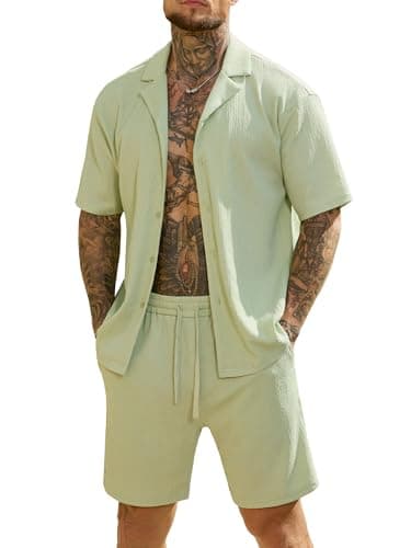 JEMLDL Two Piece Set for Men Textured Button Down Shirt Casual Matching Shorts and Shirt Summer Travel Clothes Light Green XL - Image 1