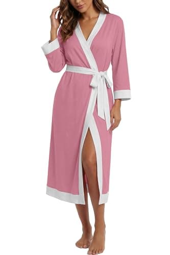 PrinStory Robes for Women Soft Kimono Bathrobe Lightweight Knit Sleepwear long Lounge Robes Pink-S - Image 1