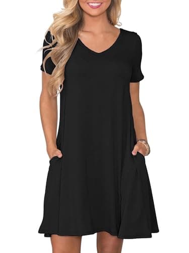 Moodclo Summer Dresses for Women Black Large 2026 V-Neck Casual Knee Length Dress Loose Short Sleeve Flowy Sundresses with Pockets - Image 1