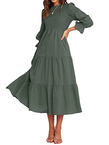 BTFBM Women Casual Long Sleeve Dress Fall Dresses 2025 Solid Color Relaxed Fit Smocked Tiered Flowy Boho Long Dresses(Solid Army Green,XX-Large) - Image 1