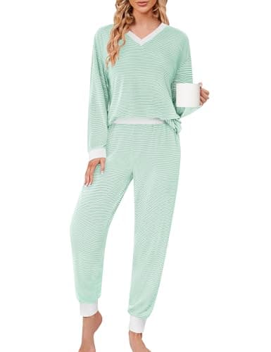 JUSTFASHIONNOW Womens 2 Piece Lounge Sets Cute Long Sleeve Pajama Sets Casual Striped Pjs with Pockets Winter Outfits Cozy Christmas Sleepwear(Green,Large - Thumbnail 2