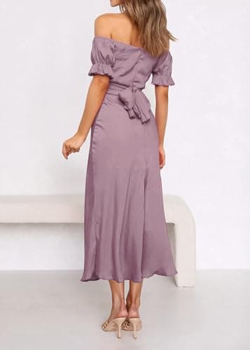 KIRUNDO Women's 2026 Spring Summer Satin Wedding Guest Midi Dress Off The Shoulder Wrap Party Cocktail Formal Prom Dresses(Pink, Small) - Thumbnail 5