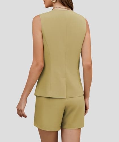 Casly Lamiit Two Piece Short Sets for Women 2025 Summer Sleeveless Work Waistcoat Dressy Casual Outfits Matching Professional Casual Suit Mustard Yellow XL - Thumbnail 4